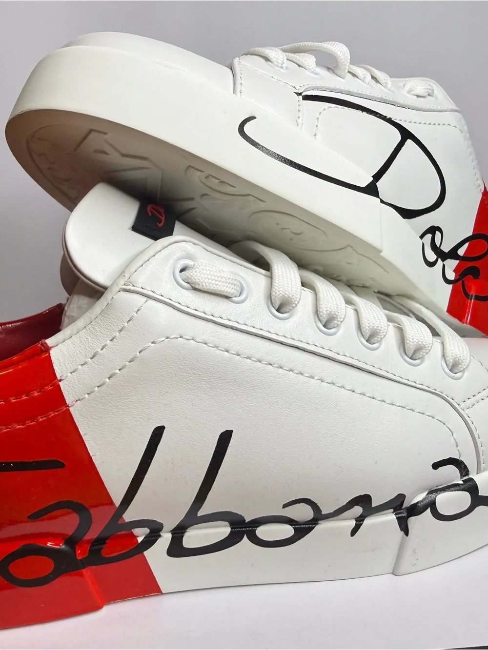 Dolce & Gabbana White Leather Sneakers with Black Script and Red patent Heel Tab